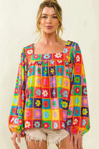 Multicolor Floral Crochet Square Neck Puff Sleeve Blouse - Fashionfitz