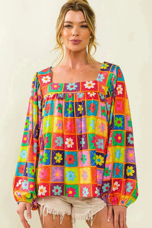 Multicolor Floral Crochet Square Neck Puff Sleeve Blouse - Fashionfitz