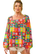 Multicolor Floral Crochet Square Neck Puff Sleeve Blouse - Fashionfitz