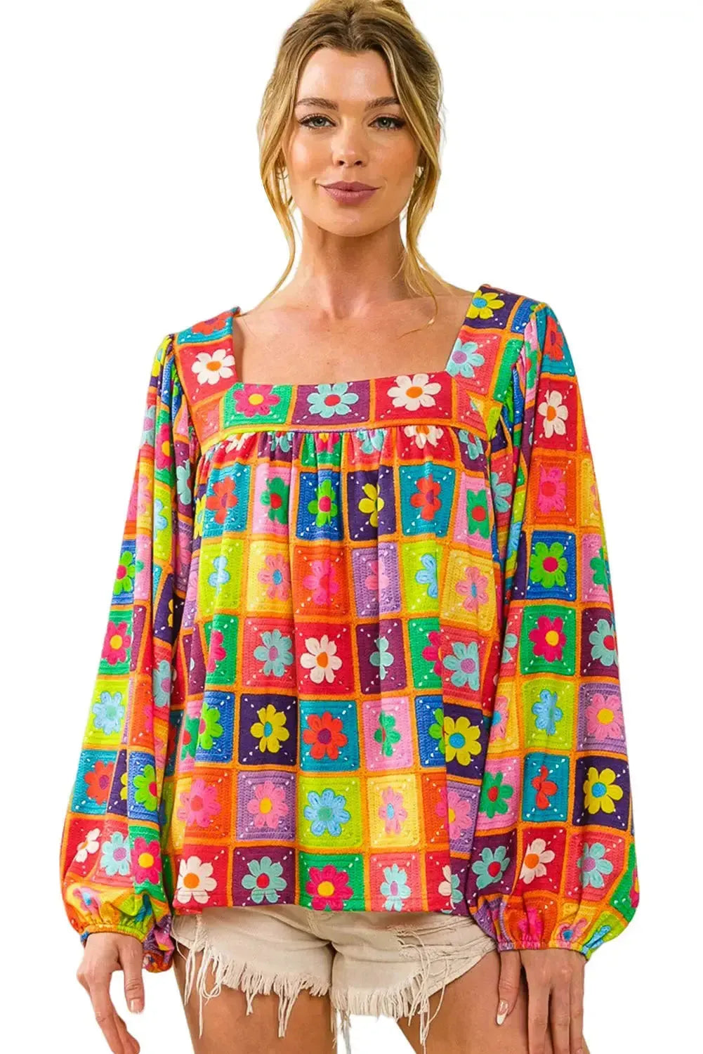 Multicolor Floral Crochet Square Neck Puff Sleeve Blouse - Fashionfitz