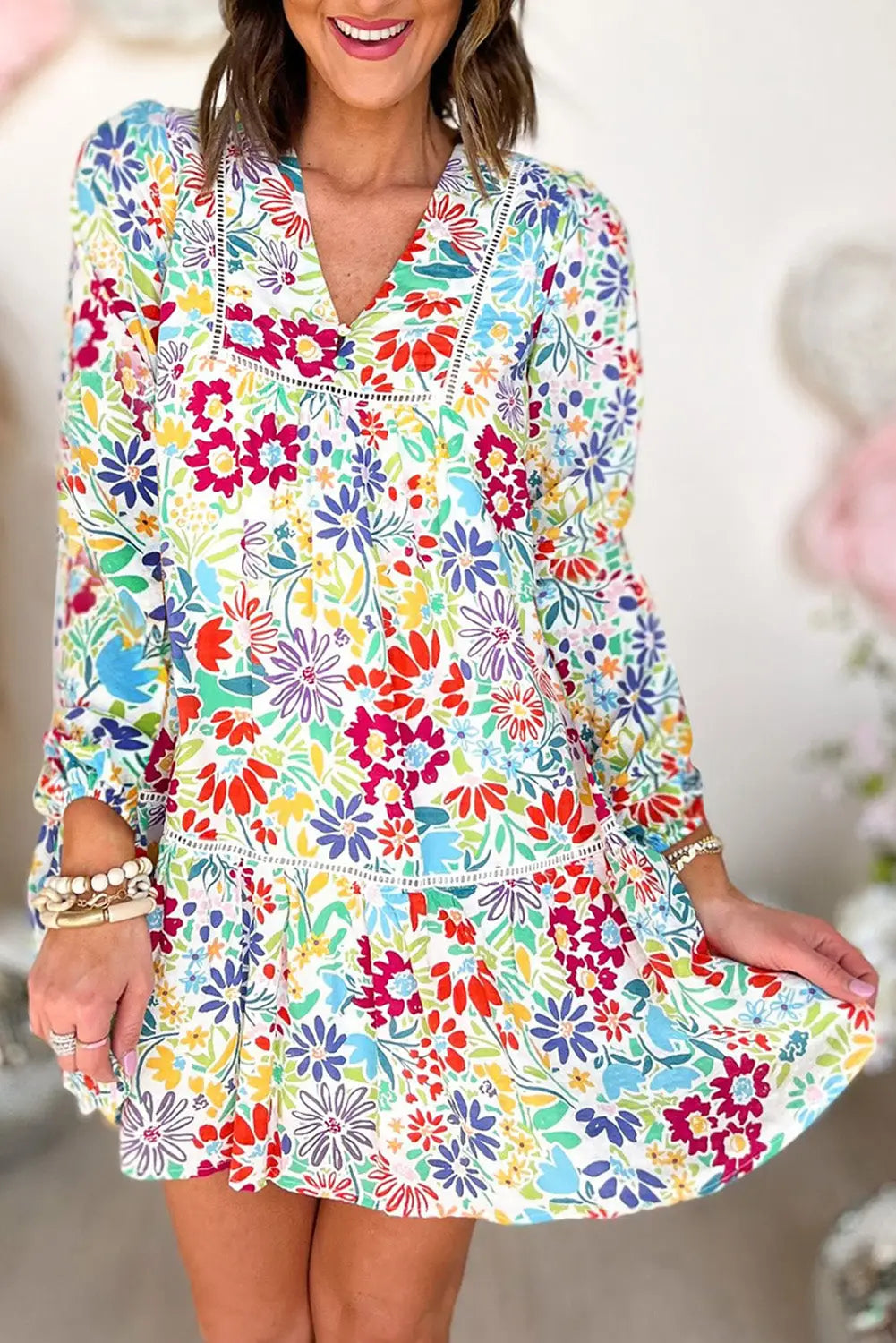 Multicolor floral lace eyelet v neck mini dress - s / 100% polyester - dresses