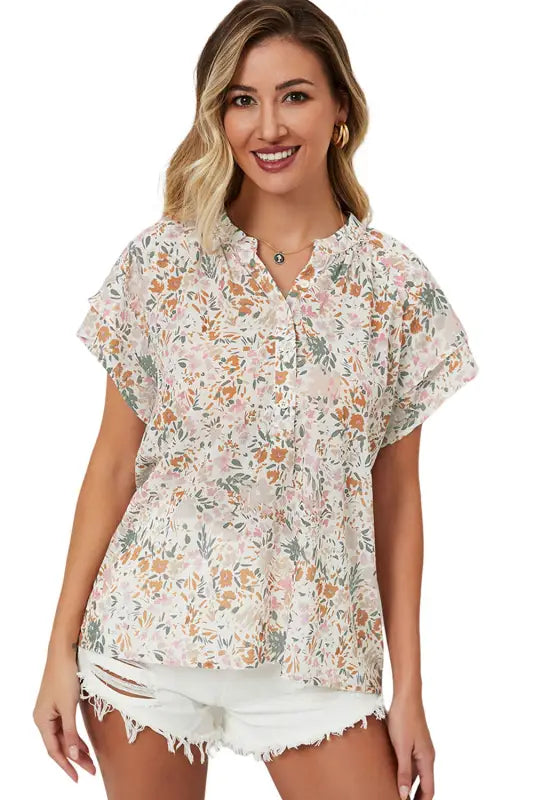 Multicolor floral mandarin collar top - tops