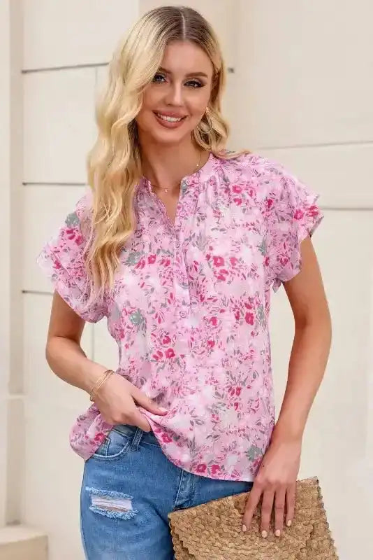 Multicolor Floral Mandarin Collar Top - Fashionfitz