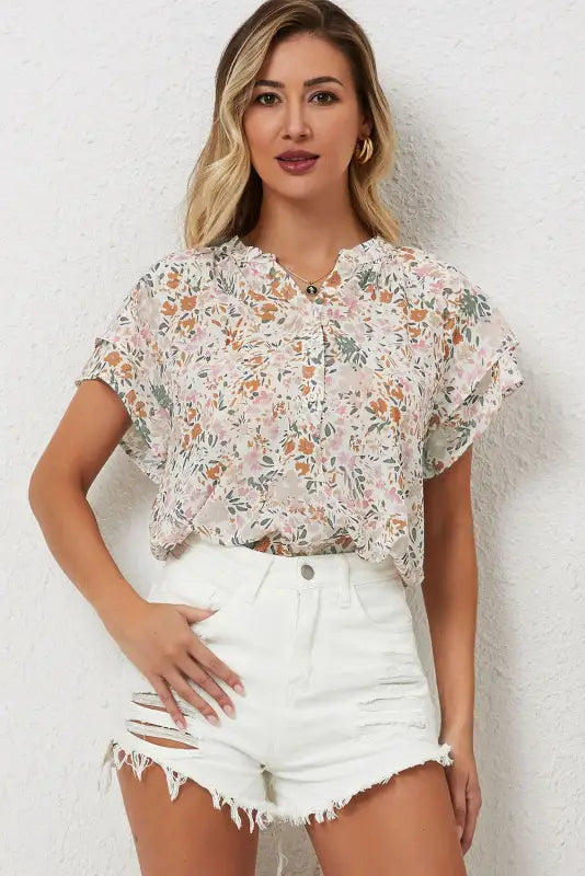 Multicolor floral mandarin collar top - tops