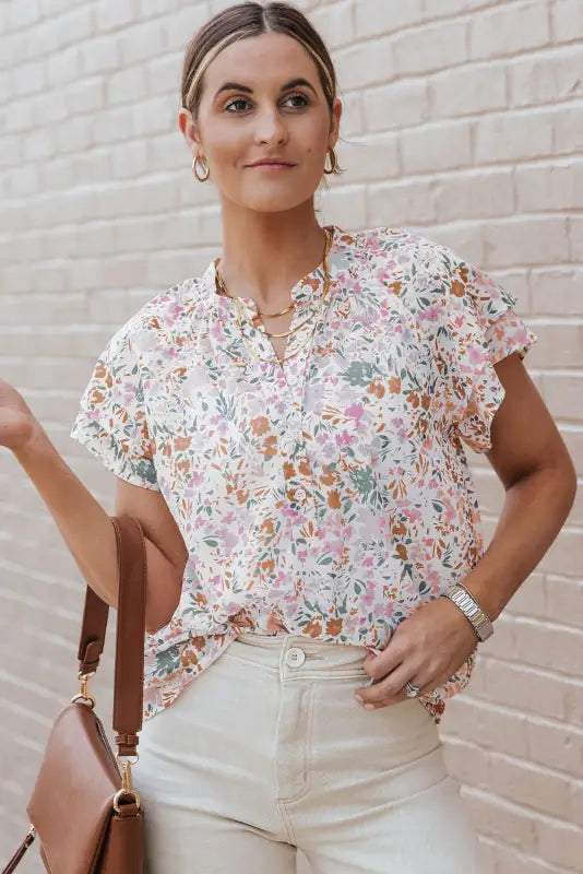 Multicolor floral mandarin collar top - tops