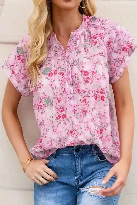 Multicolor Floral Mandarin Collar Top - Fashionfitz