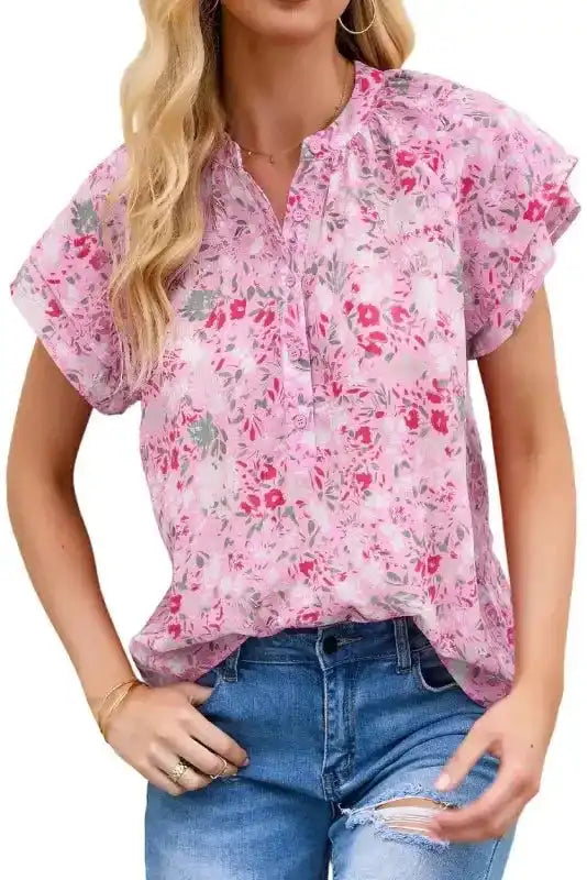 Multicolor Floral Mandarin Collar Top - Fashionfitz