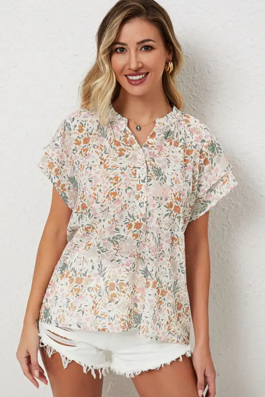 Multicolor floral mandarin collar top - tops