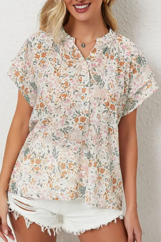 Multicolor floral mandarin collar top - s / 100% polyester - tops