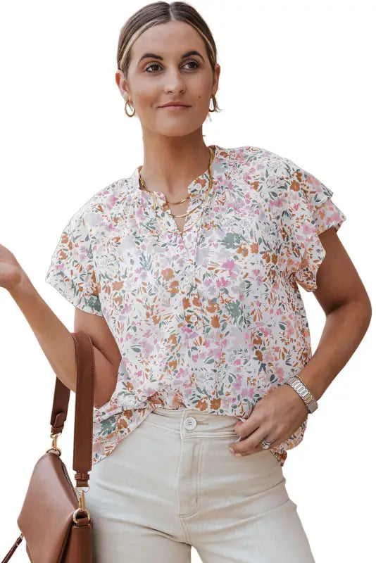 Multicolor floral mandarin collar top - tops