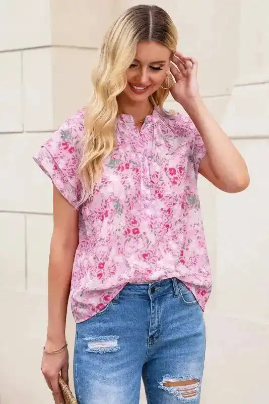 Multicolor Floral Mandarin Collar Top - Fashionfitz