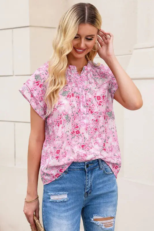 Multicolor floral mandarin collar top - tops