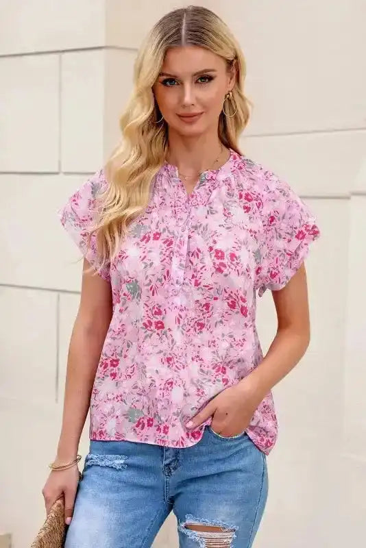 Multicolor Floral Mandarin Collar Top - Fashionfitz
