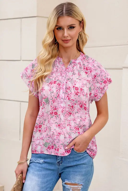 Multicolor floral mandarin collar top - tops