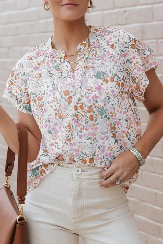 Multicolor floral mandarin collar top - tops