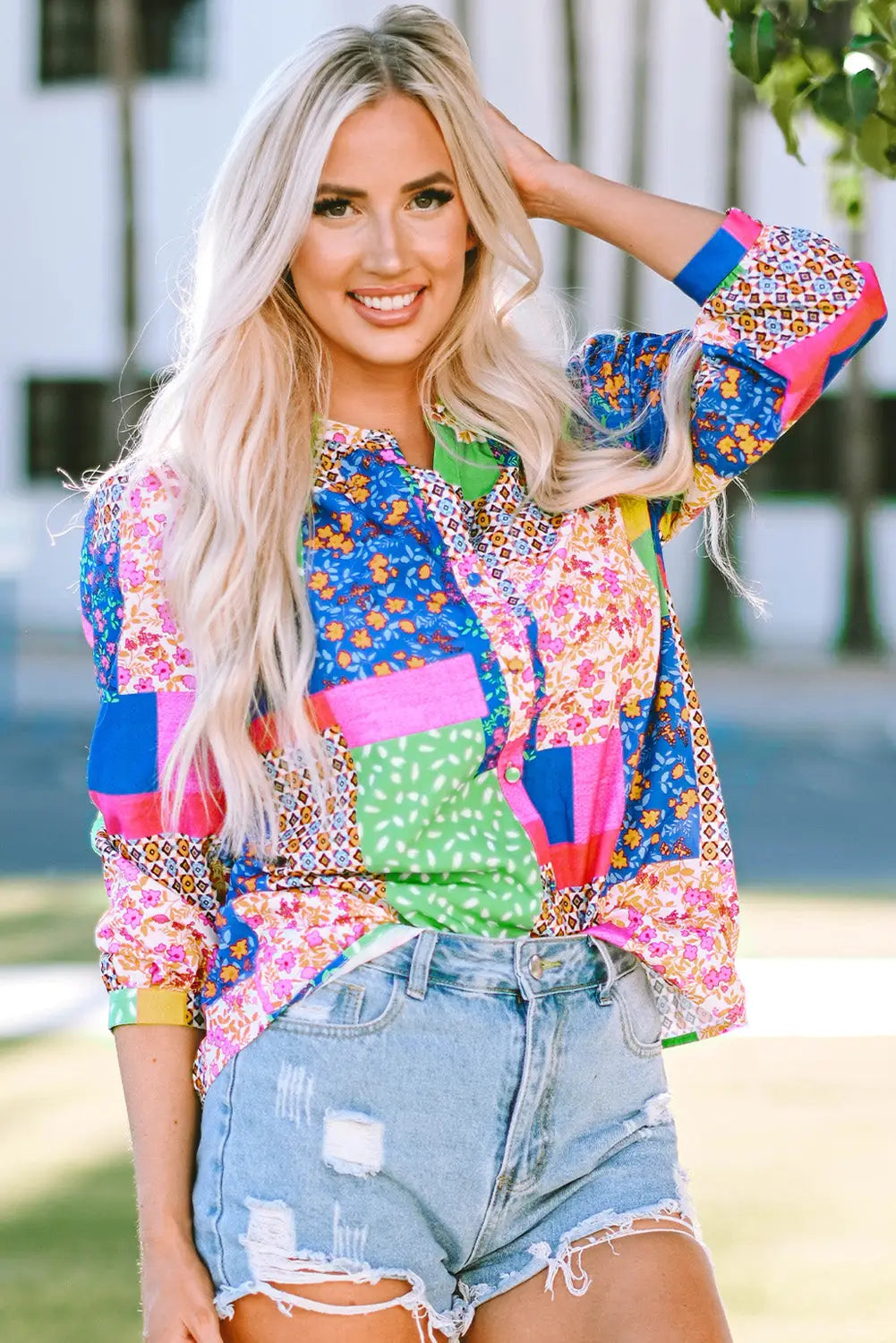 Multicolor floral patchwork print buttoned puff sleeve shirt - s / 100% polyester - tops
