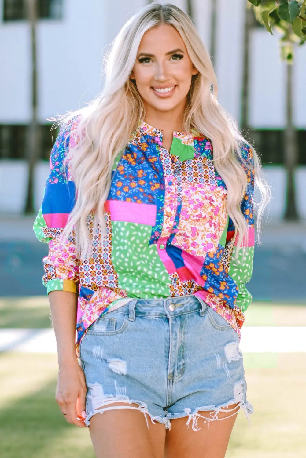 Multicolor floral patchwork print buttoned puff sleeve shirt - tops