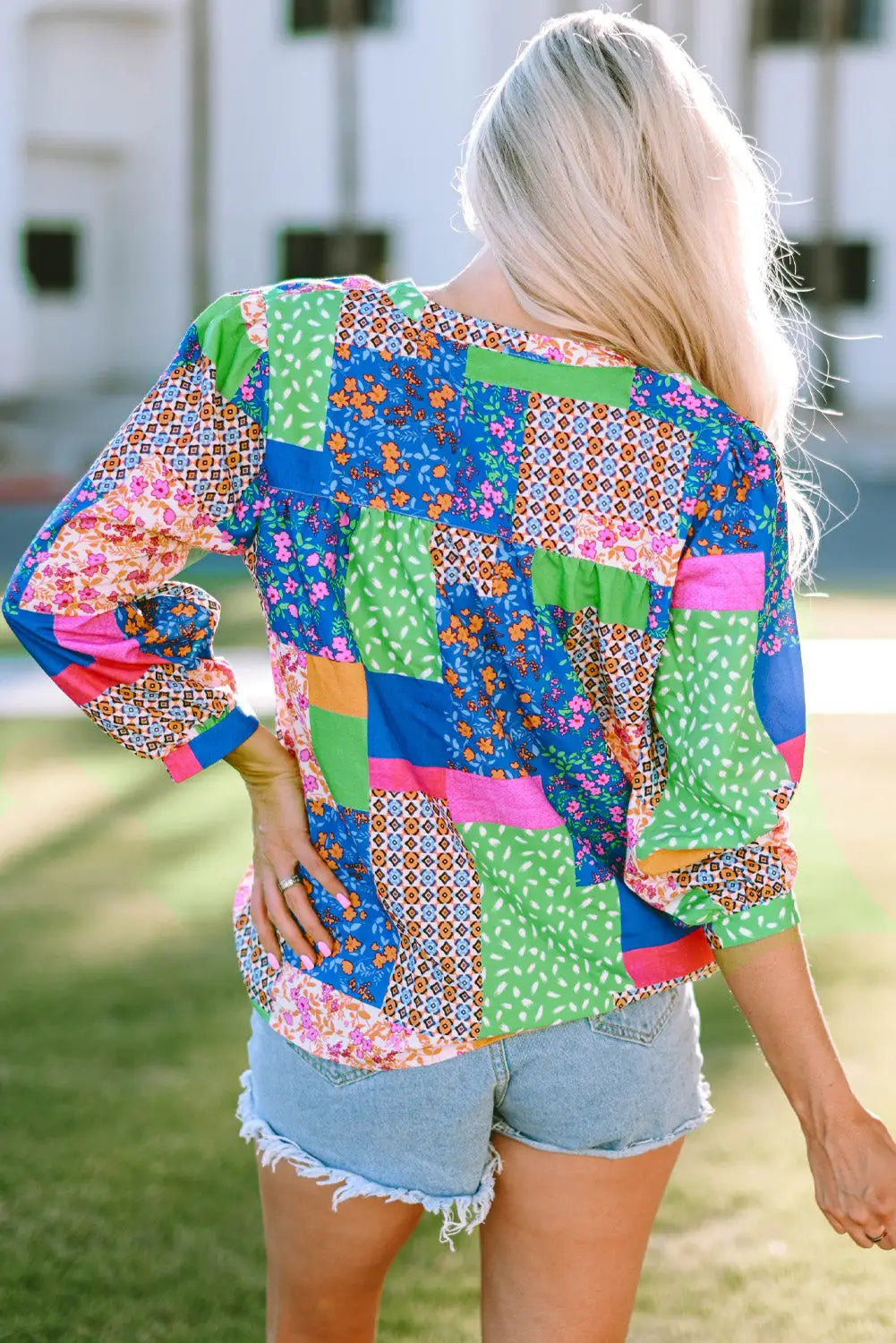 Multicolor floral patchwork print buttoned puff sleeve shirt - tops