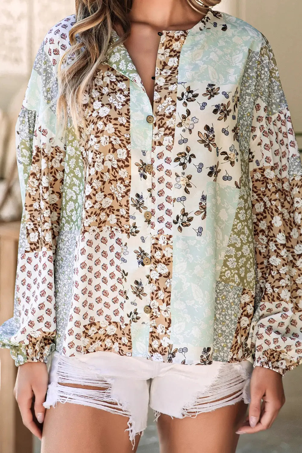 Multicolor floral patchwork print long puff sleeve shirt - tops