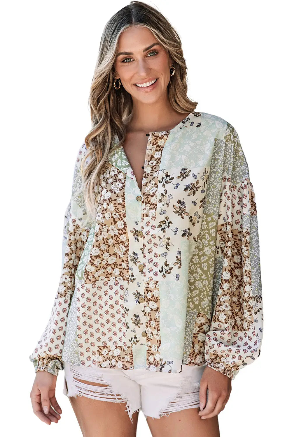 Multicolor floral patchwork print long puff sleeve shirt - tops
