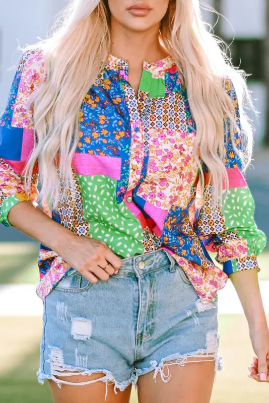 Multicolor floral patchwork puff sleeve shirt - shirts