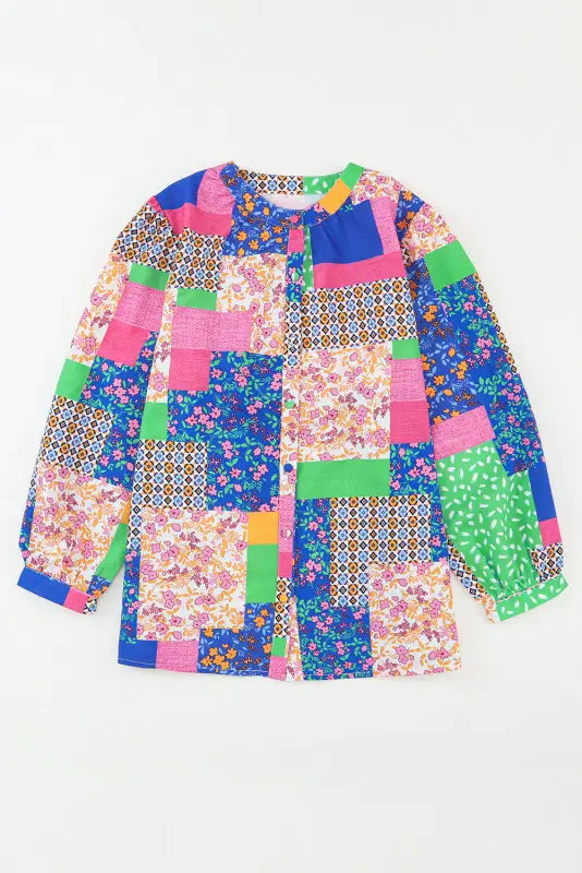 Multicolor floral patchwork puff sleeve shirt - shirts