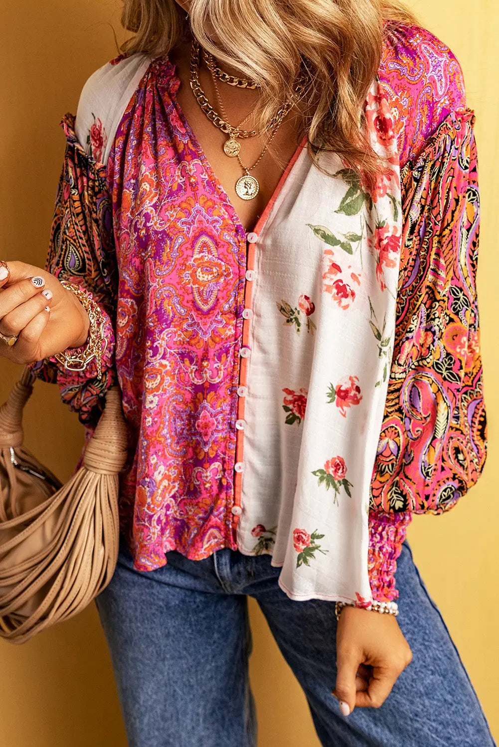 Multicolor floral patchwork shirred cuff buttoned v neck blouse - s / 100% viscose - blouses & shirts