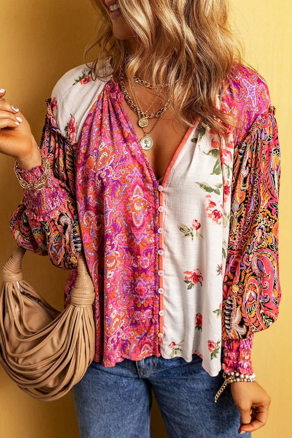 Multicolor floral patchwork shirred cuff buttoned v neck blouse - blouses & shirts