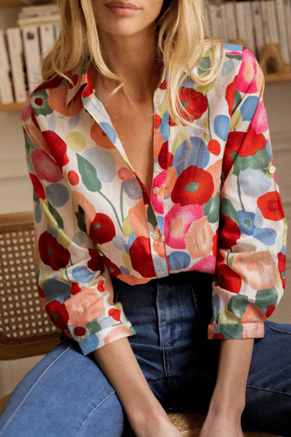 Multicolor floral print bracelet sleeve shirt - tops