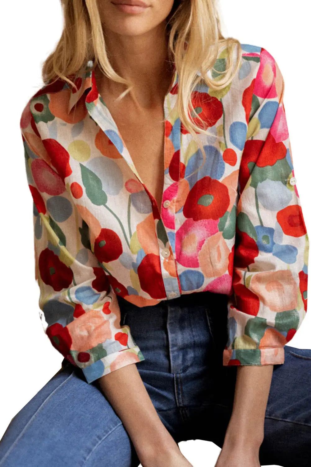 Multicolor floral print bracelet sleeve shirt - tops