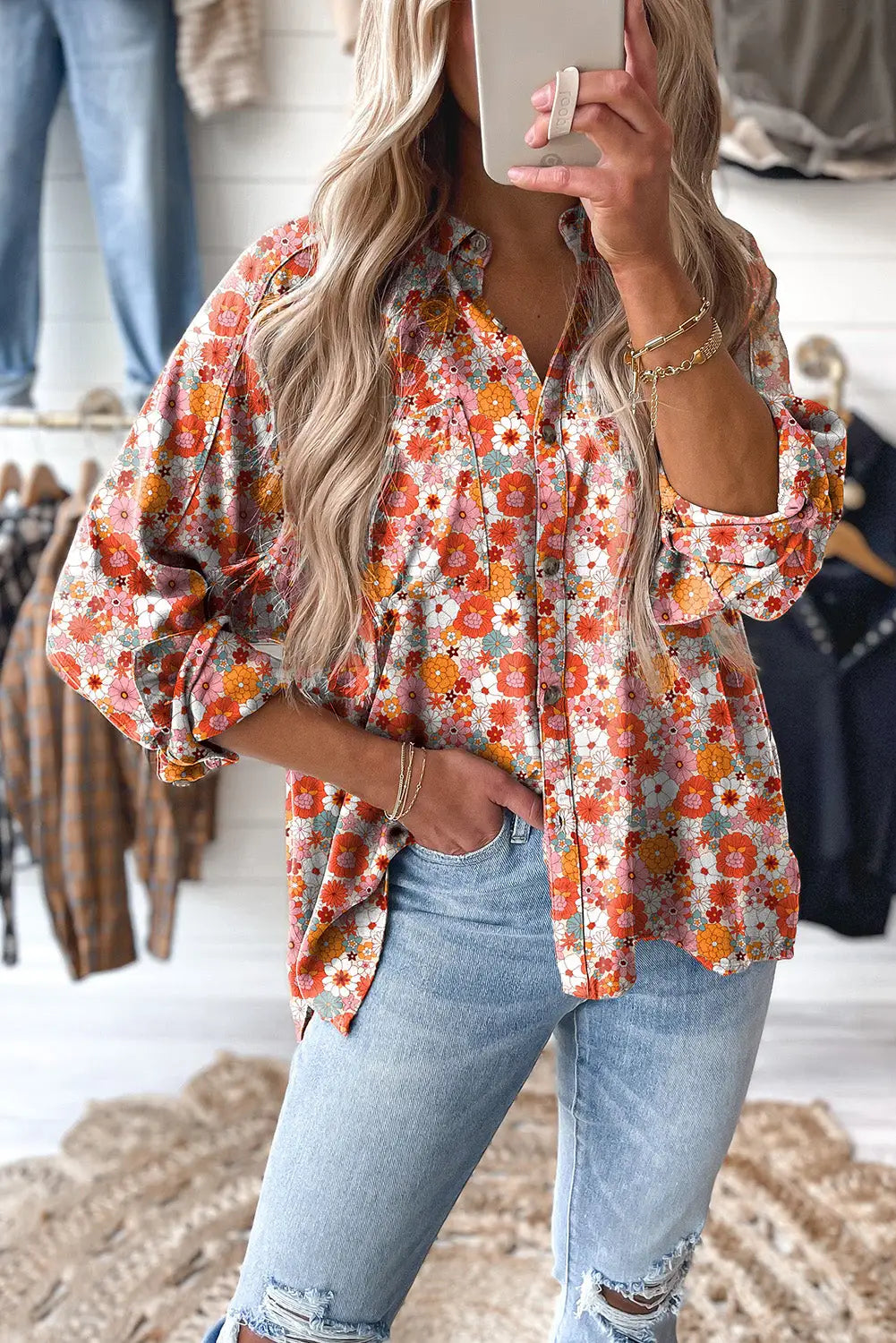 Multicolor floral print chest pocket casual shirt - l / 100% polyester - blouses & shirts