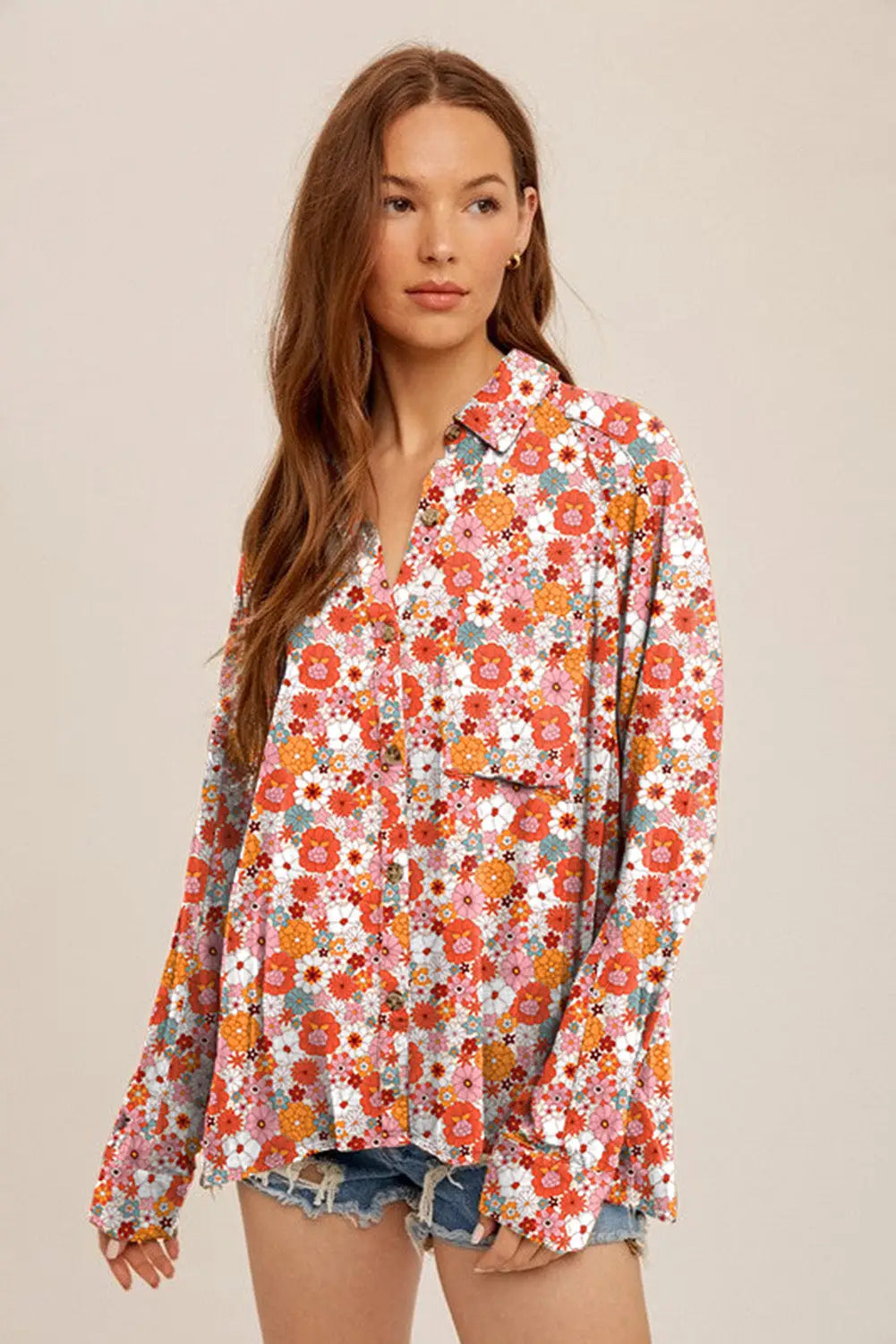 Multicolor floral print chest pocket casual shirt - blouses & shirts