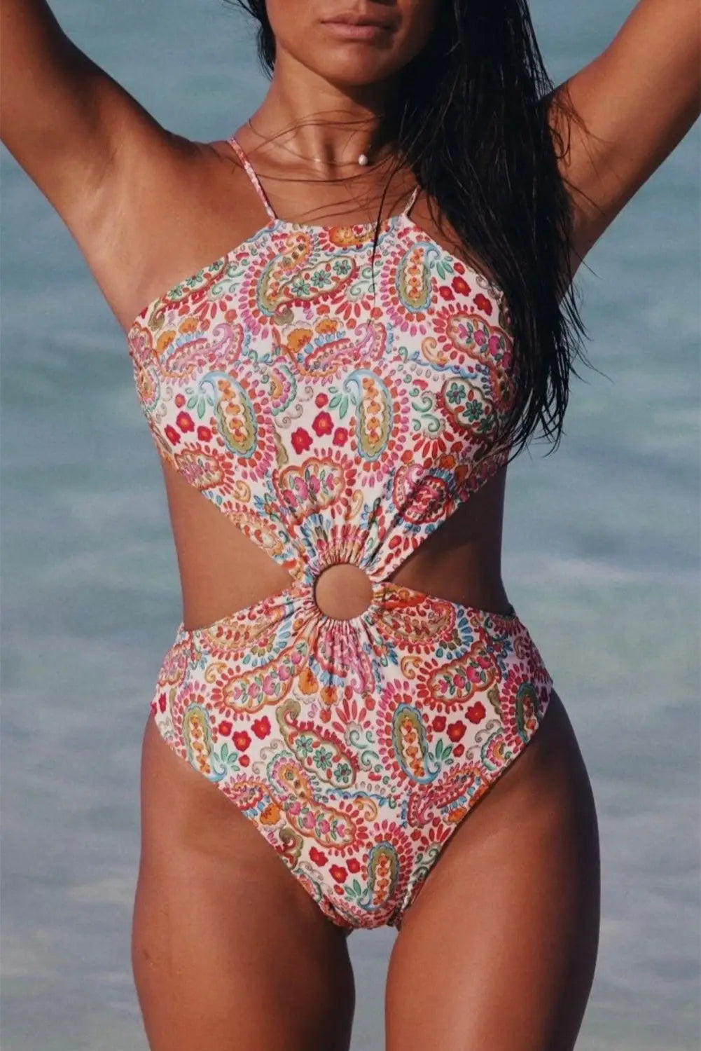 Multicolor floral print o-ring lace-up backless one piece swimsuit - s / 85% polyester + 15% elastane - swimsuits