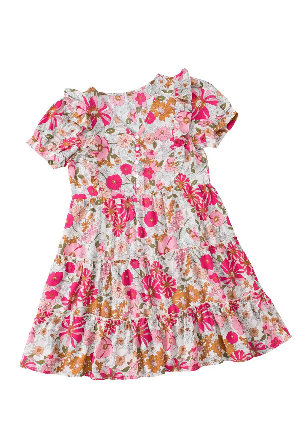 Multicolor floral print patchwork frill tiered shift dress - dresses