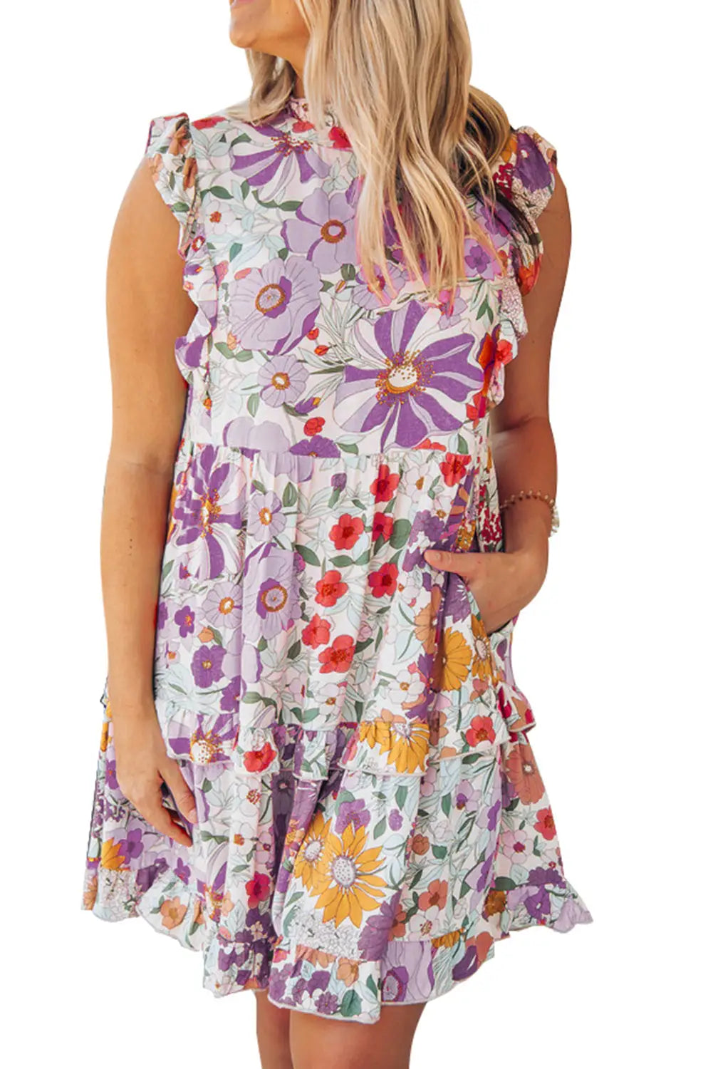 Multicolor floral print patchwork frill tiered shift dress - dresses