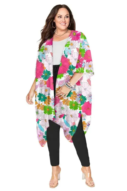 Multicolor Floral Print Plus Size Kimono - Fashionfitz