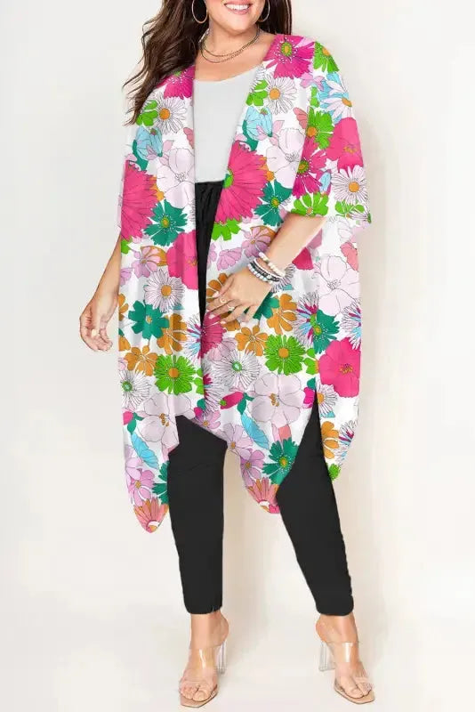 Multicolor Floral Print Plus Size Kimono - Fashionfitz