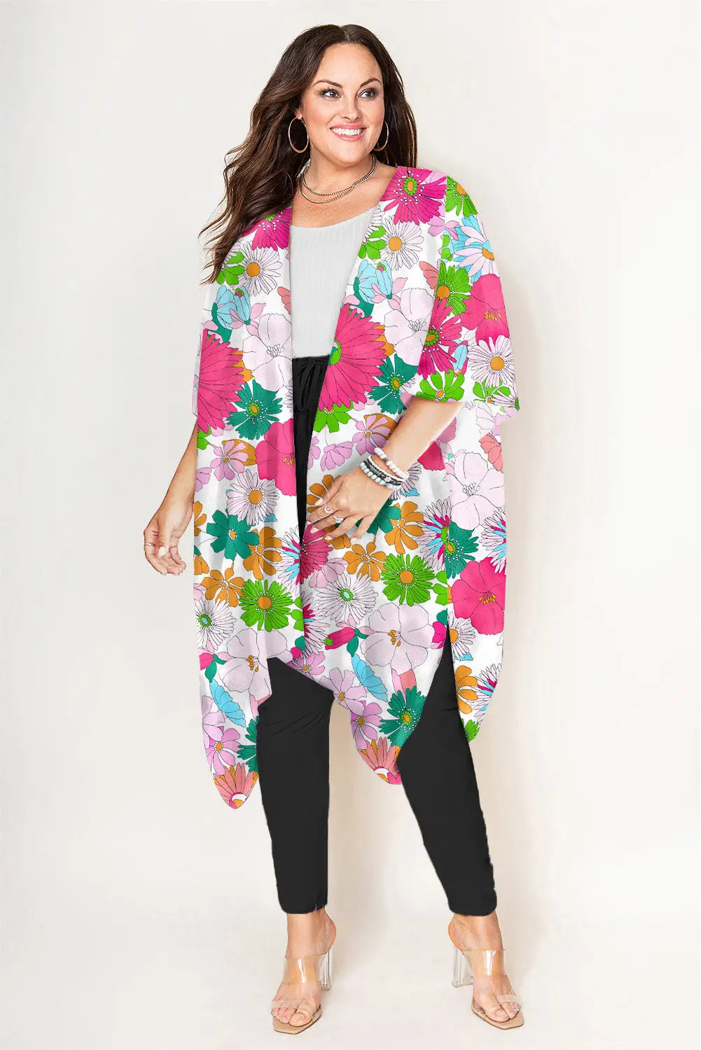 Multicolor floral print plus size kimono