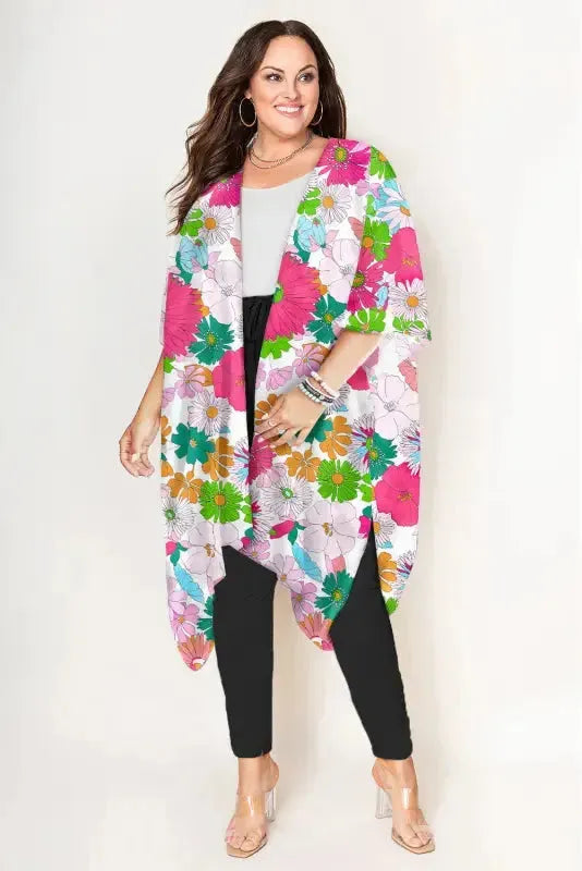 Multicolor Floral Print Plus Size Kimono - Fashionfitz