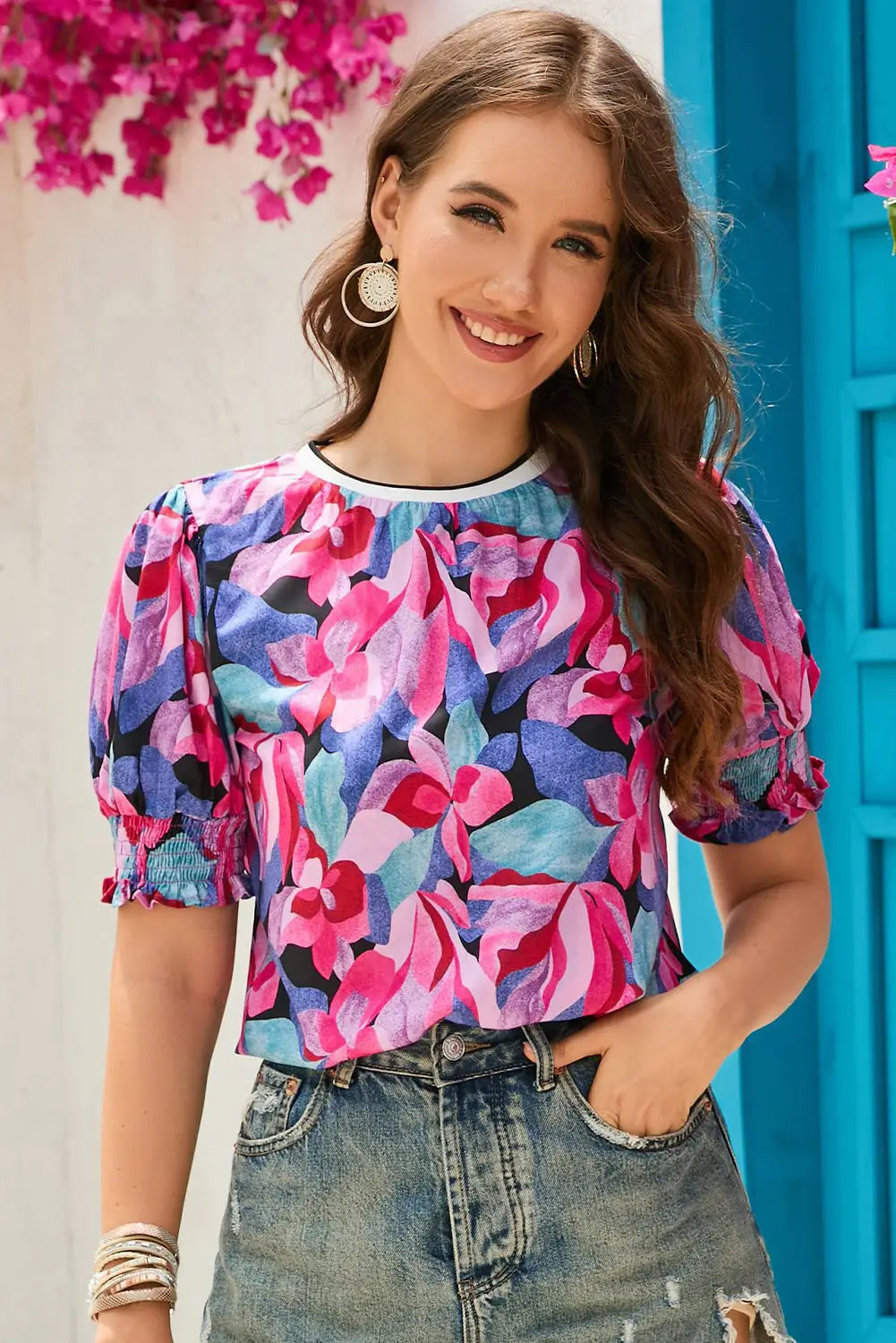 Multicolor floral print ruched sleeve puff blouse - red / s / 100% polyester - tops