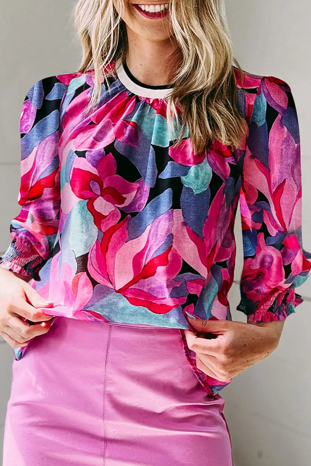 Multicolor floral print ruched sleeve puff blouse - s / 100% polyester - tops
