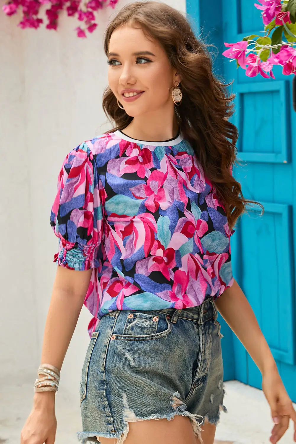 Multicolor floral print ruched sleeve puff blouse - tops