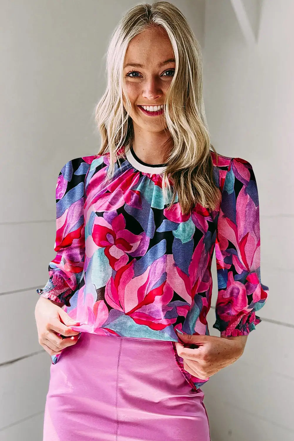 Multicolor floral print ruched sleeve puff blouse - tops