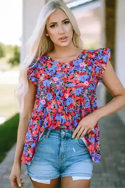Model in floral babydoll top for women with ruffle sleeves and colorful floral print, showcasing effortless style and comfort.