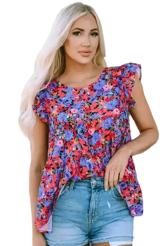 Floral babydoll top for women with ruffle sleeves in vibrant pink, blue, and red floral print, styled with denim shorts for summer wear.