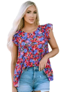Floral babydoll top for women with ruffle sleeves in vibrant pink, blue, and red floral print, styled with denim shorts for summer wear.