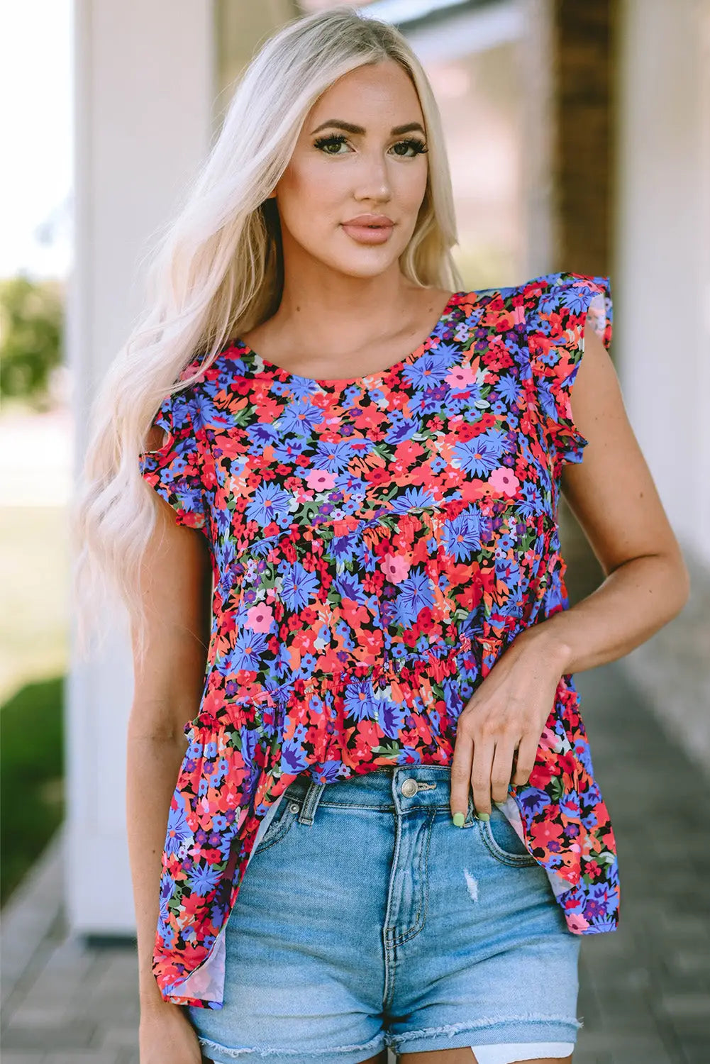 Multicolor floral print ruffle tiered short sleeve babydoll top - s / 100% polyester - t-shirts