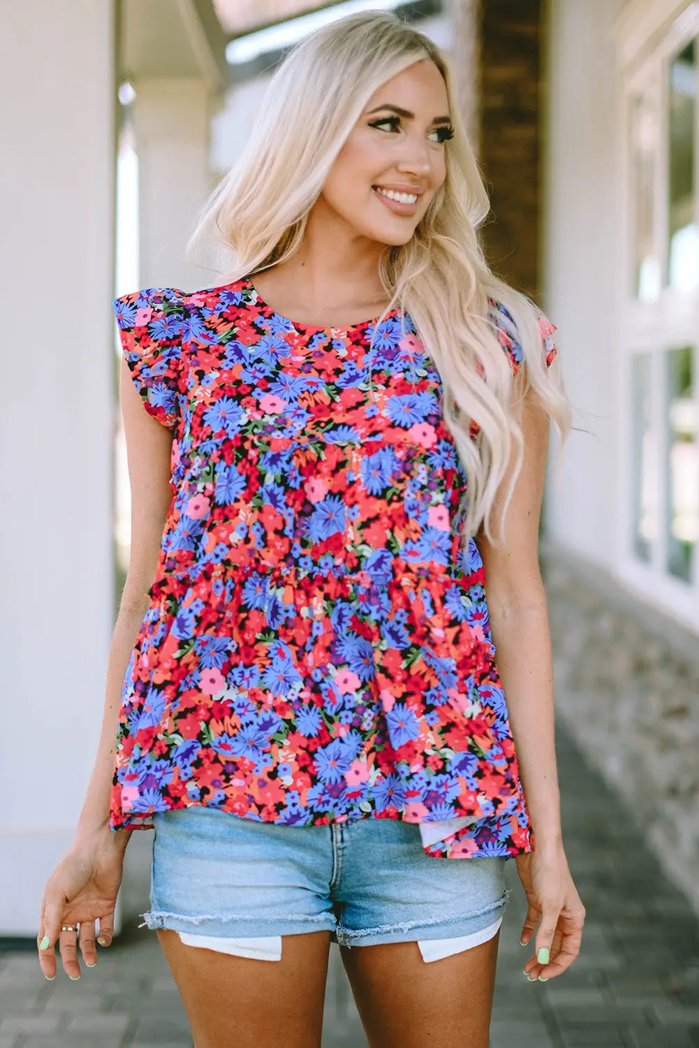 Multicolor floral print ruffle tiered short sleeve babydoll top - t-shirts