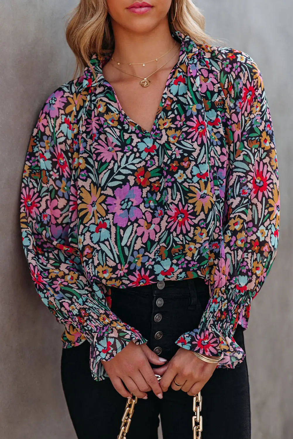Multicolor floral print ruffled long sleeve v-neck blouse - s / 100% viscose - tops