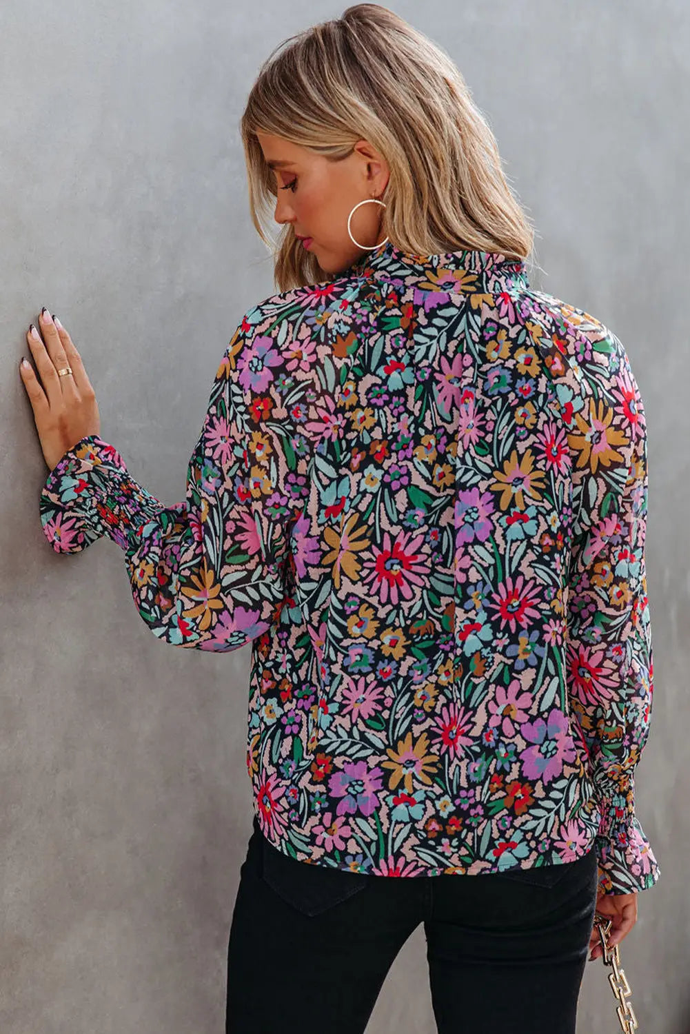 Multicolor floral print ruffled long sleeve v-neck blouse - tops